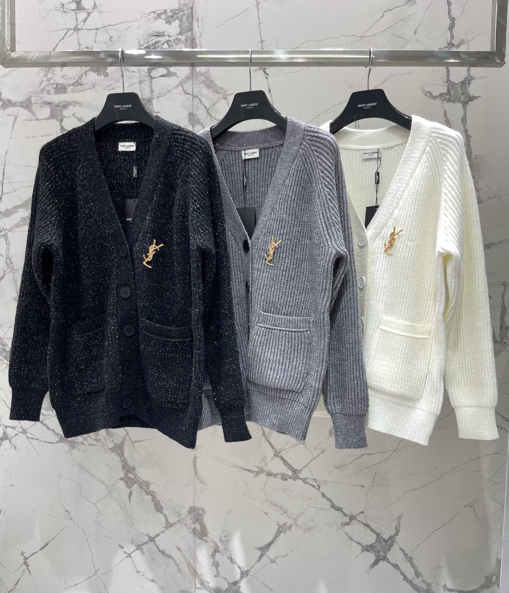 YSL V-Neck Knit Wool Cardigan with Silver Threads 0725022702