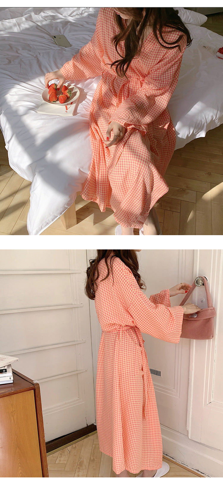 Spring Plaid Long Sleeve Nightdress Bathrobe
