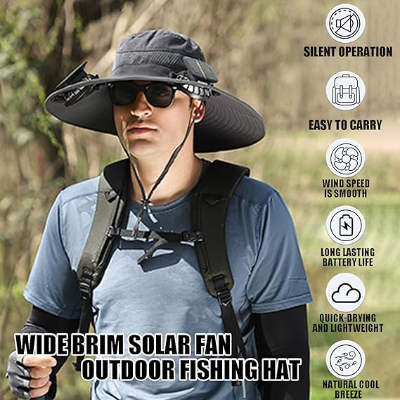 🔥Father's Day Sale- Wide Brim Solar Fan Outdoor Fishing Hat-Solar & USB Charging