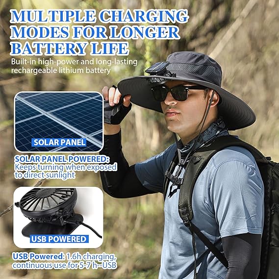 🔥Father's Day Sale- Wide Brim Solar Fan Outdoor Fishing Hat-Solar & USB Charging