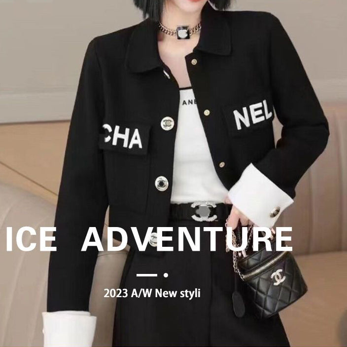 2023 Black and White polo neck pocket autumn and winter coat/Black PD1423090803