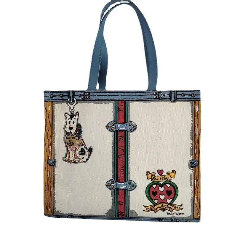 Women's canvas cartoon printed shopping bag, one shoulder handbag, canvas dog, large capacity
