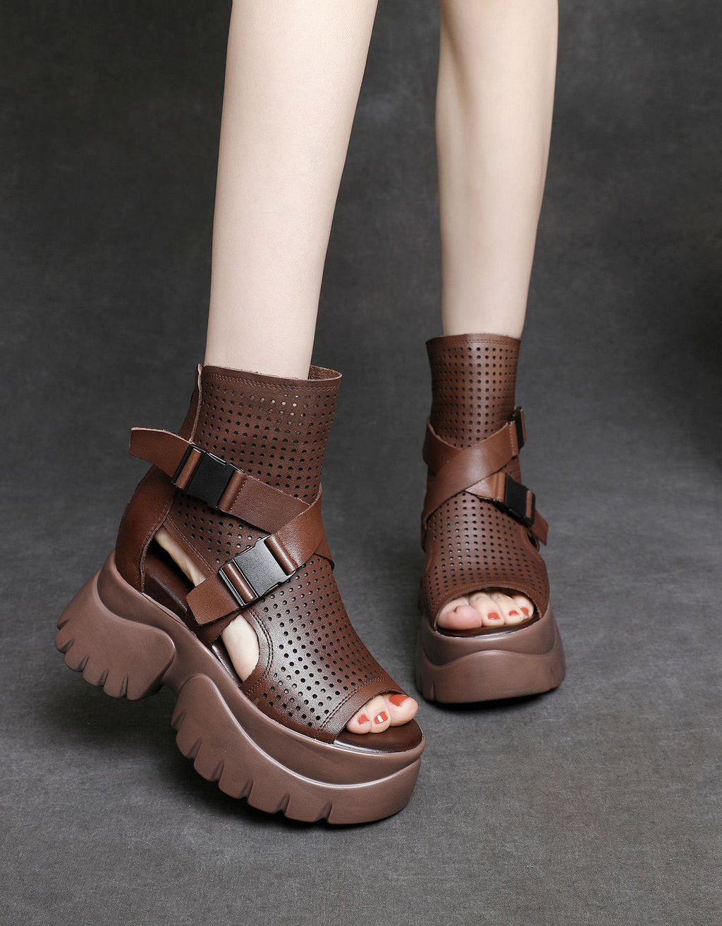 Hollow Leather Strap Open Toe Platform Sandals