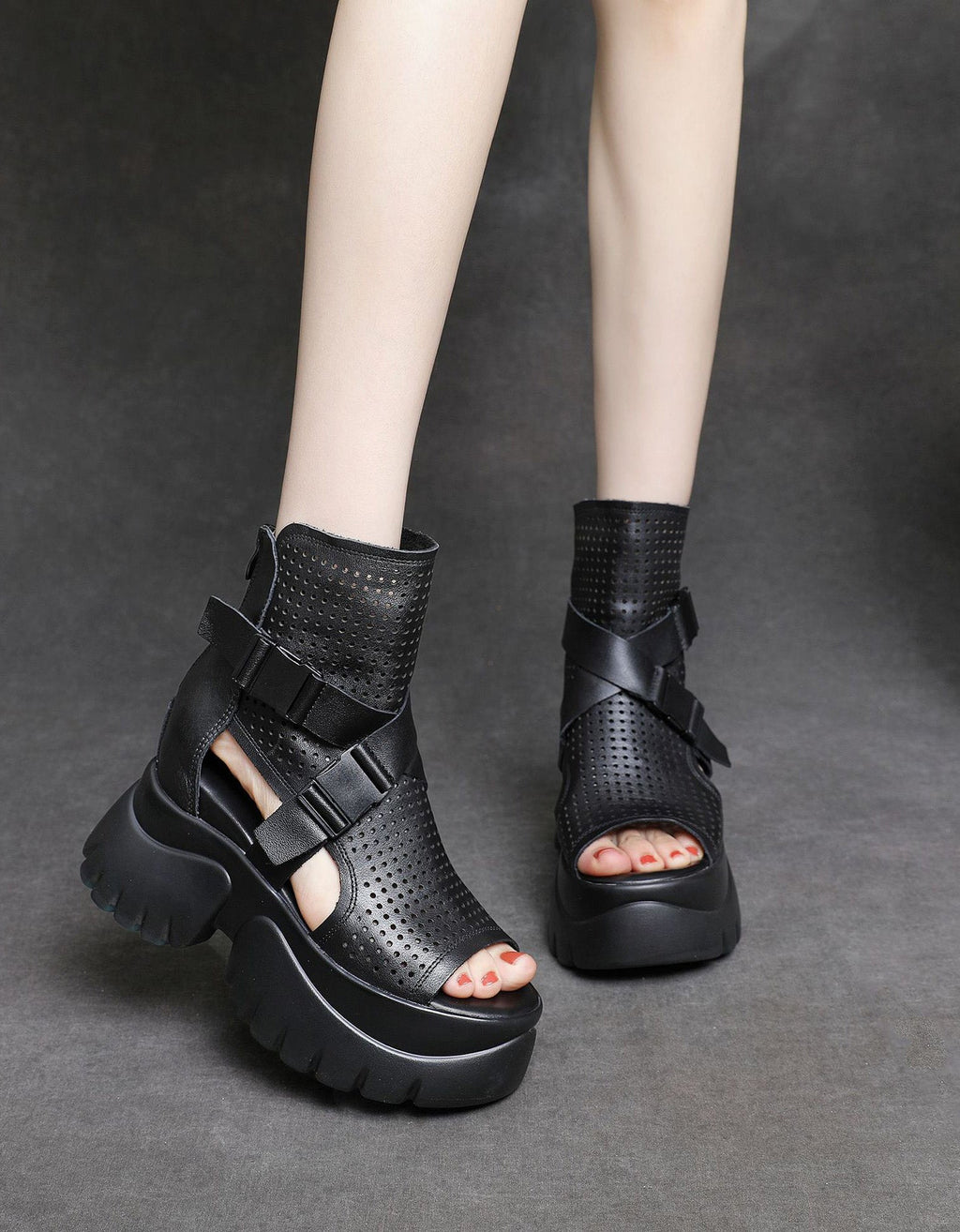Hollow Leather Strap Open Toe Platform Sandals