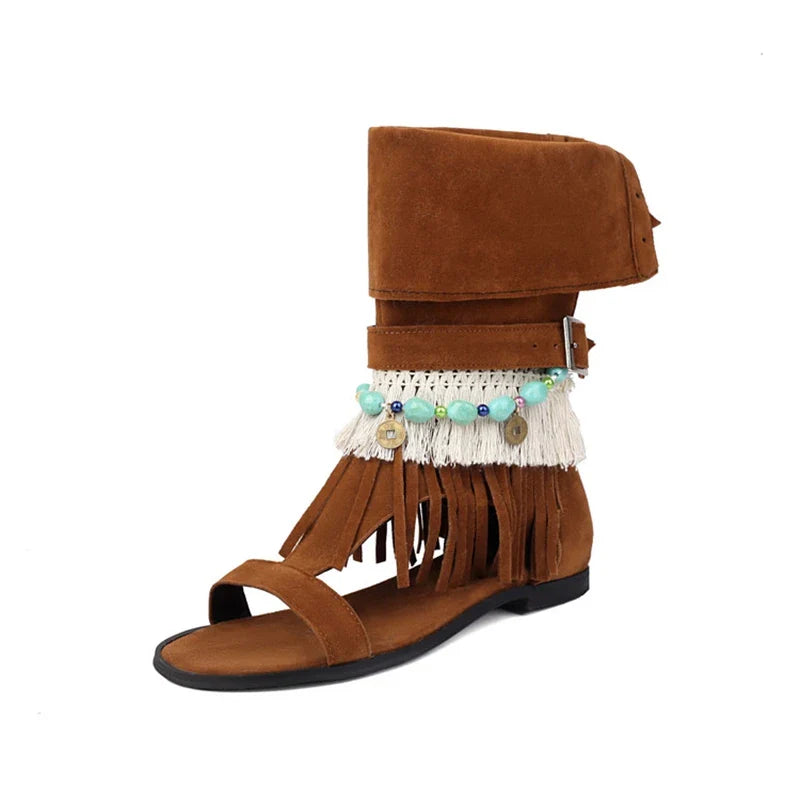 SIMLOVEYO Women's Sandals Fluffy Summer Boots Tassles Flat Shoes Bohemian