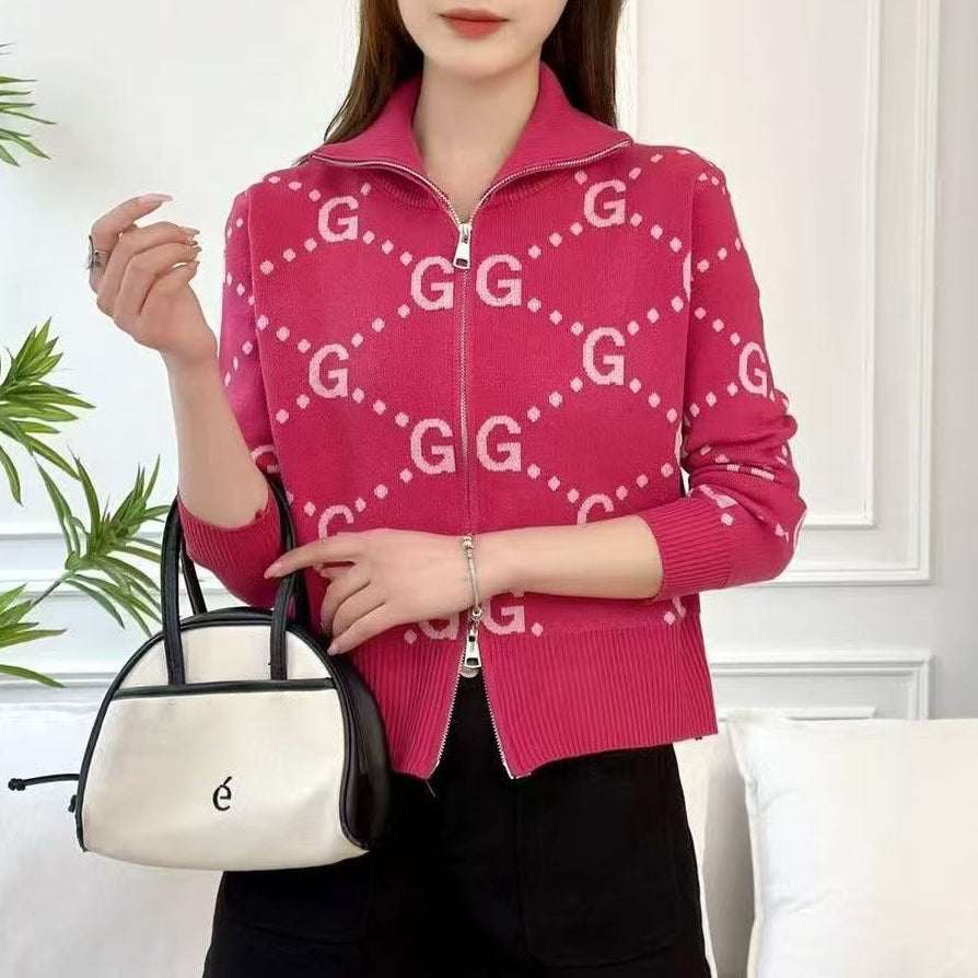 Stand-Up Collar Jacquard Letter G Knit Sweater 1025090302