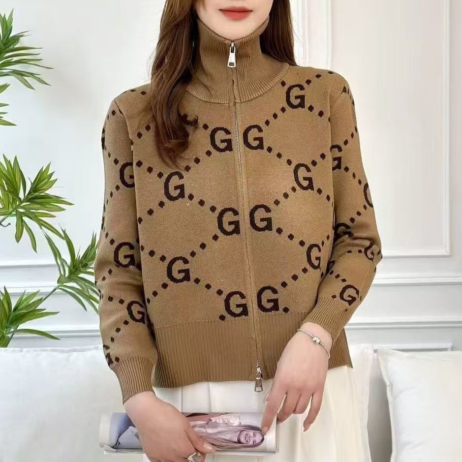 Stand-Up Collar Jacquard Letter G Knit Sweater 1025090302